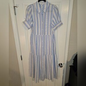 Crown & Ivy Blue & White Striped Button-Front Linen Dress Size Medium